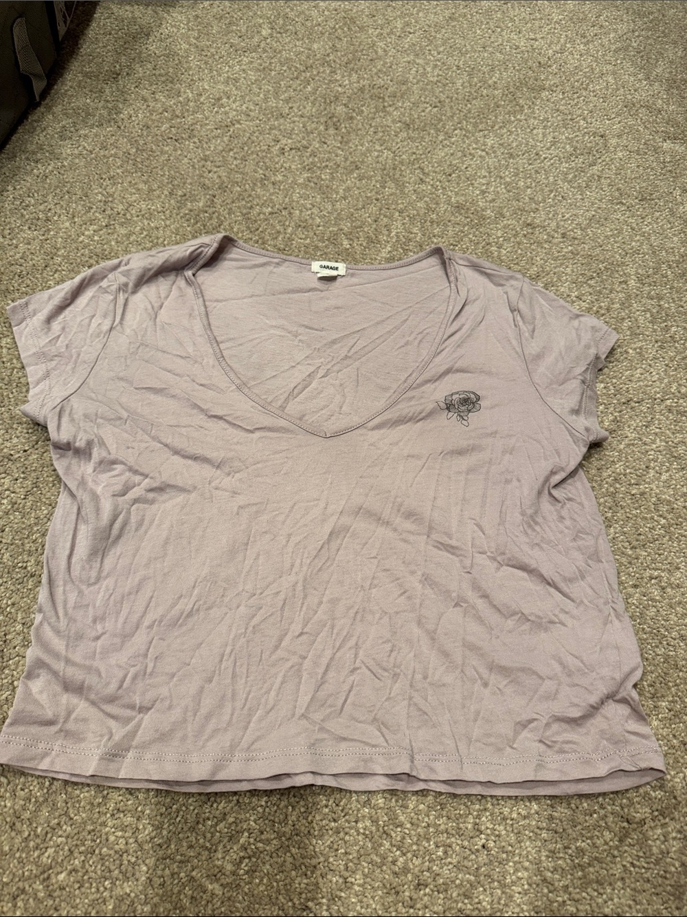 Garage Lavender Cropped V-Neck Tee with Rose Detail